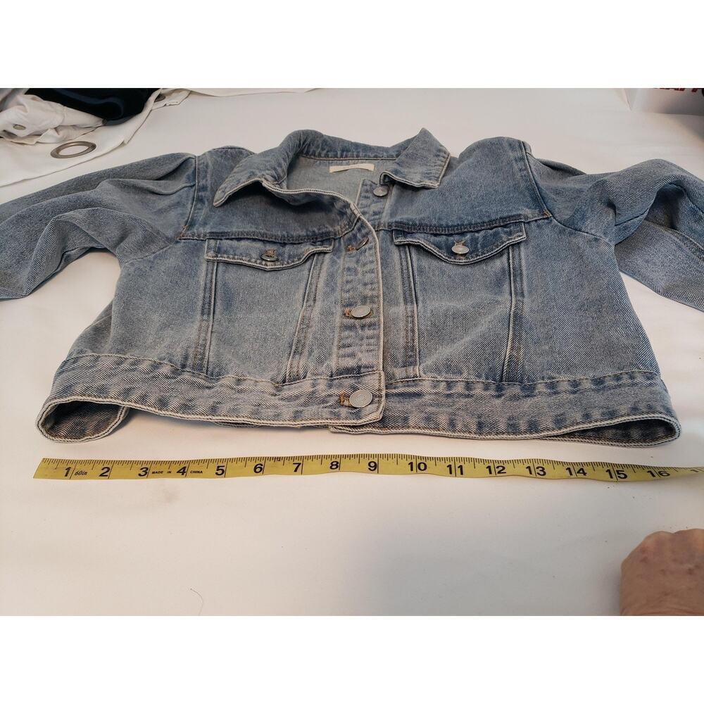 Denim Jacket Womens Large Light Wash Cropped Puff Shoulder Unworn NWOT Mable L - Picture 5 of 16
